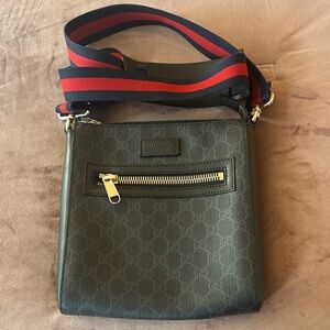 Gucci Black GG Monogram Crossbody with Red and Navy Web Strap